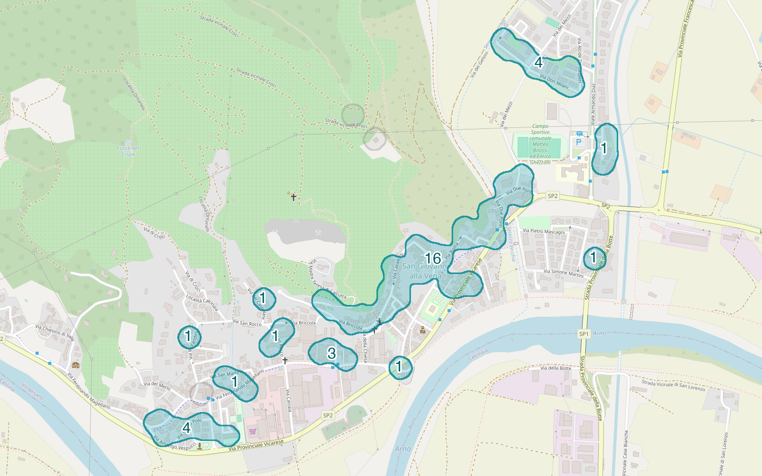 Mappa delle compravendite a San Giovanni alla Vena, raggruppate in aree disegnate attorno alle vendite, con il conteggio di ogni area