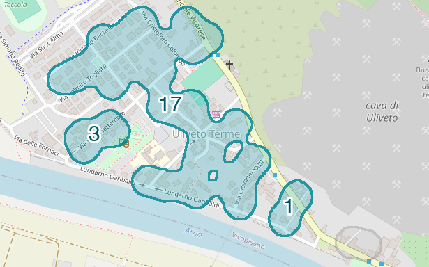 Mappa delle compravendite a Uliveto Terme, raggruppate in aree disegnate attorno alle vendite, con il conteggio di ogni area