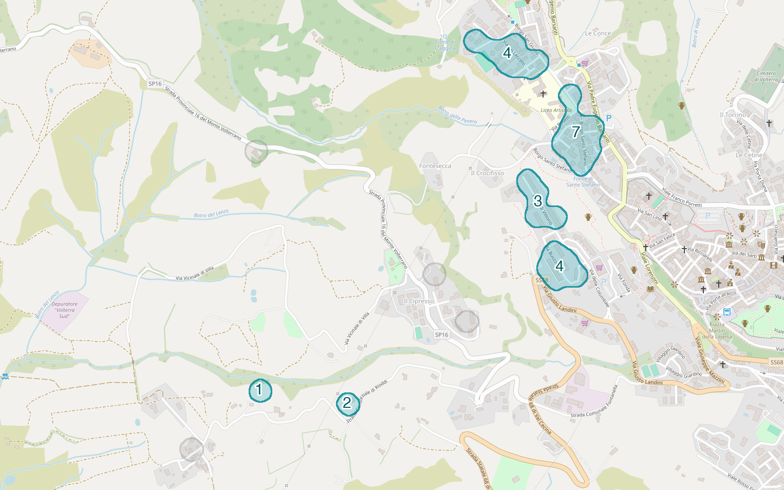 Mappa delle compravendite a Il Cipresso, raggruppate in aree disegnate attorno alle vendite, con il conteggio di ogni area
