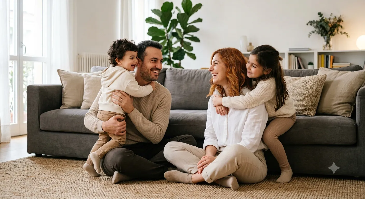 Una famiglia nel soggiorno di casa