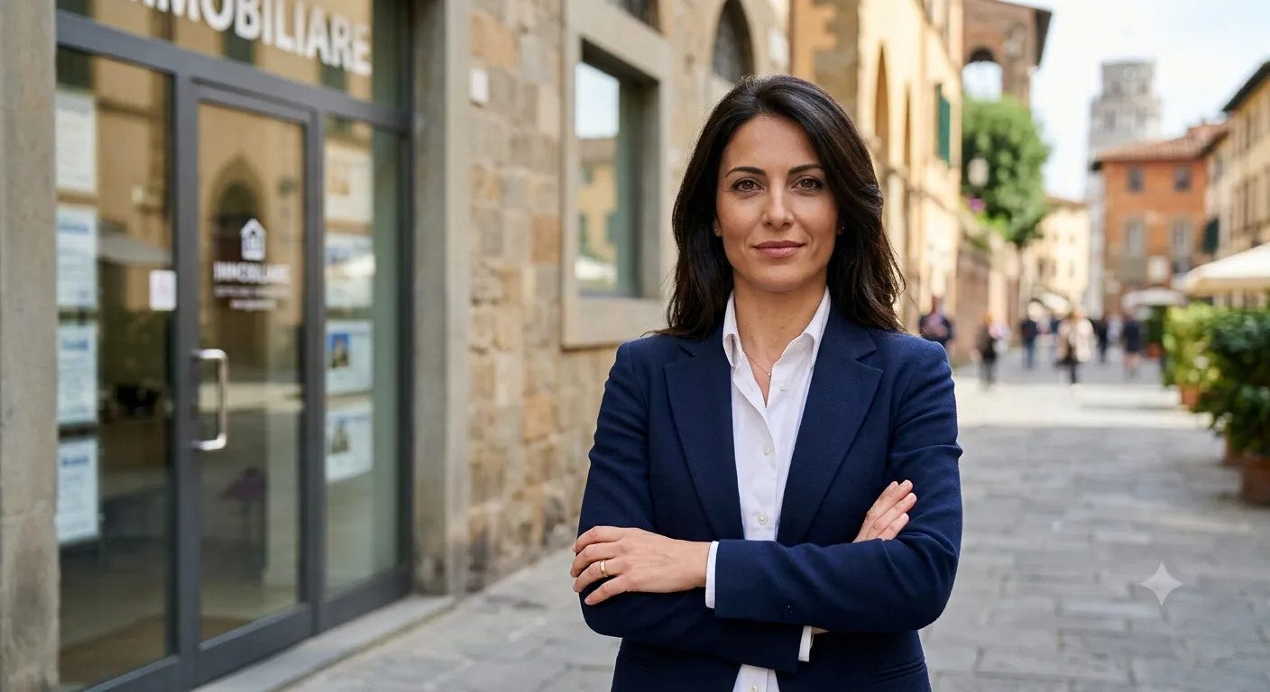 Una consulente immobiliare davanti a un immobile